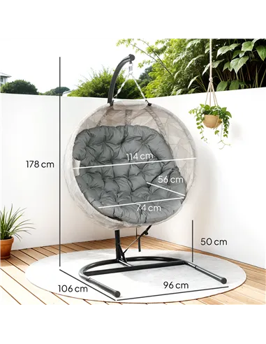 Outsunny Hanging Egg Chair Outdoor Indoor Garden Swing Chair with Folding Basket, Garden Hanging Chair with Stand, Thickened Cus