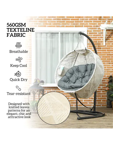 Outsunny Hanging Egg Chair Outdoor Indoor Garden Swing Chair with Folding Basket, Garden Hanging Chair with Stand, Thickened Cus