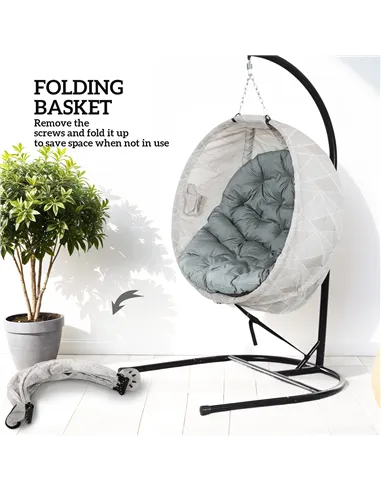 Outsunny Hanging Egg Chair Outdoor Indoor Garden Swing Chair with Folding Basket, Garden Hanging Chair with Stand, Thickened Cus