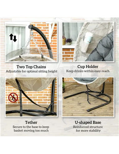 Outsunny Hanging Egg Chair Outdoor Indoor Garden Swing Chair with Folding Basket, Garden Hanging Chair with Stand, Thickened Cus