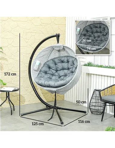 Outsunny Hanging Egg Chair Outdoor Indoor Garden Swing Chair with Folding Basket, Garden Hanging Chair with Stand, Thickened Cus