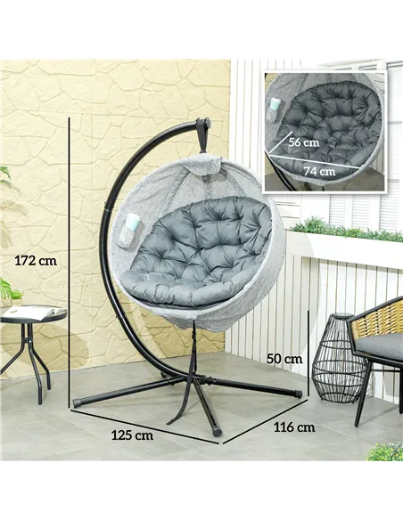Outsunny Hanging Egg Chair Outdoor Indoor Garden Swing Chair with Folding Basket, Garden Hanging Chair with Stand, Thickened Cus