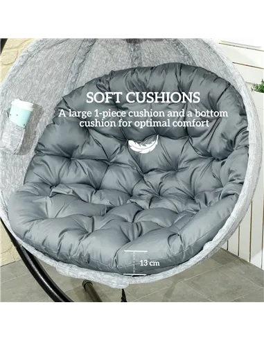 Outsunny Hanging Egg Chair Outdoor Indoor Garden Swing Chair with Folding Basket, Garden Hanging Chair with Stand, Thickened Cus