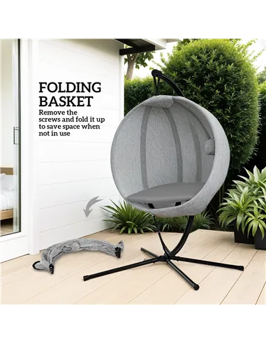 Outsunny Hanging Egg Chair Outdoor Indoor Garden Swing Chair with Folding Basket, Garden Hanging Chair with Stand, Thickened Cus