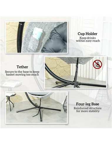 Outsunny Hanging Egg Chair Outdoor Indoor Garden Swing Chair with Folding Basket, Garden Hanging Chair with Stand, Thickened Cus