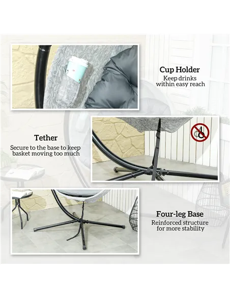 Outsunny Hanging Egg Chair Outdoor Indoor Garden Swing Chair with Folding Basket, Garden Hanging Chair with Stand, Thickened Cus