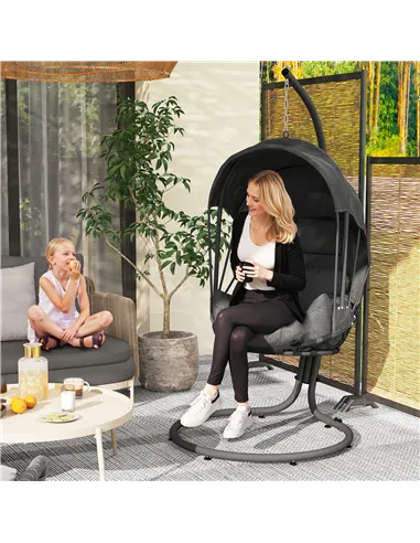 Outsunny Hanging Egg Chair Swing Hammock Chair with Stand, Cushion and Retractable Canopy, for Indoor and Outdoor, Grey