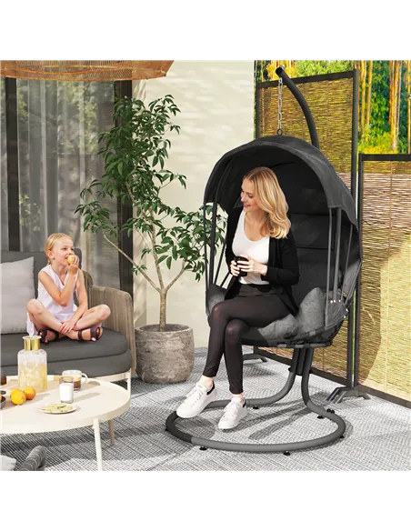 Outsunny Hanging Egg Chair Swing Hammock Chair with Stand, Cushion and Retractable Canopy, for Indoor and Outdoor, Grey