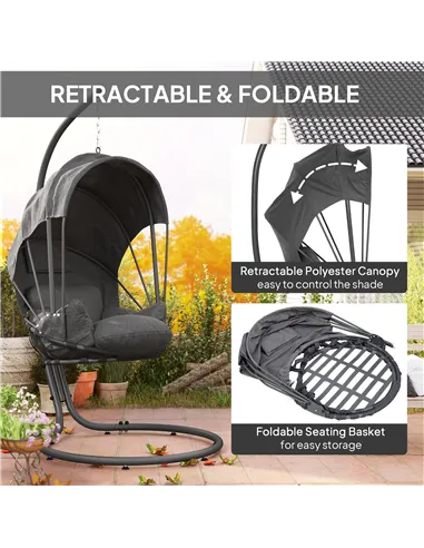 Outsunny Hanging Egg Chair Swing Hammock Chair with Stand, Cushion and Retractable Canopy, for Indoor and Outdoor, Grey