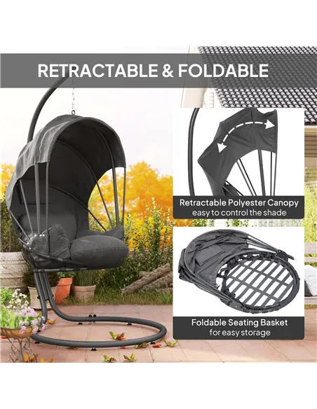 Outsunny Hanging Egg Chair Swing Hammock Chair with Stand, Cushion and Retractable Canopy, for Indoor and Outdoor, Grey