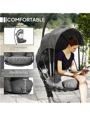 Outsunny Hanging Egg Chair Swing Hammock Chair with Stand, Cushion and Retractable Canopy, for Indoor and Outdoor, Grey