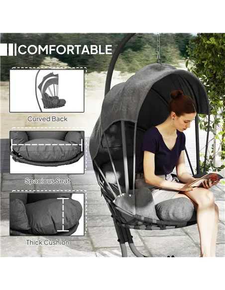 Outsunny Hanging Egg Chair Swing Hammock Chair with Stand, Cushion and Retractable Canopy, for Indoor and Outdoor, Grey