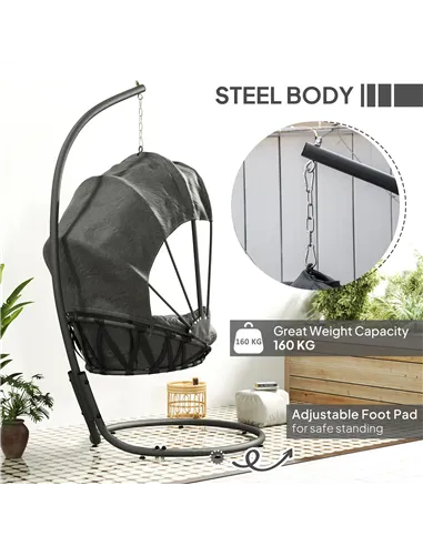 Outsunny Hanging Egg Chair Swing Hammock Chair with Stand, Cushion and Retractable Canopy, for Indoor and Outdoor, Grey