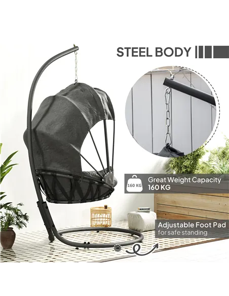 Outsunny Hanging Egg Chair Swing Hammock Chair with Stand, Cushion and Retractable Canopy, for Indoor and Outdoor, Grey