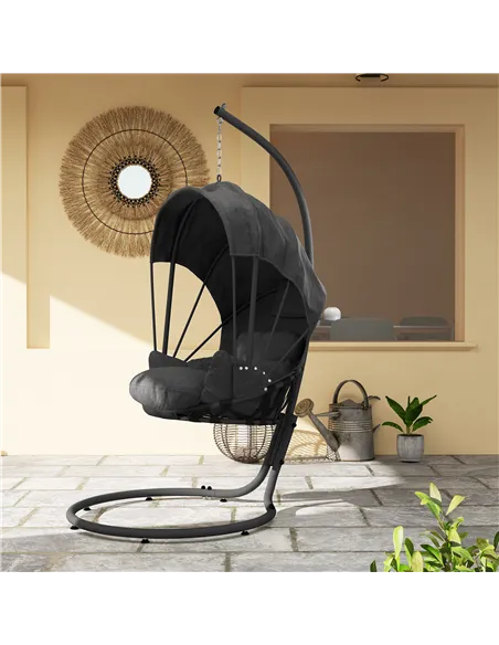 Outsunny Hanging Egg Chair Swing Hammock Chair with Stand, Cushion and Retractable Canopy, for Indoor and Outdoor, Grey