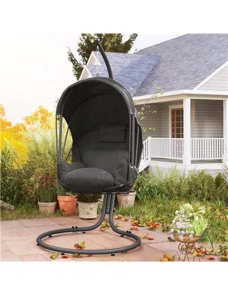 Outsunny Hanging Egg Chair Swing Hammock Chair with Stand, Cushion and Retractable Canopy, for Indoor and Outdoor, Grey