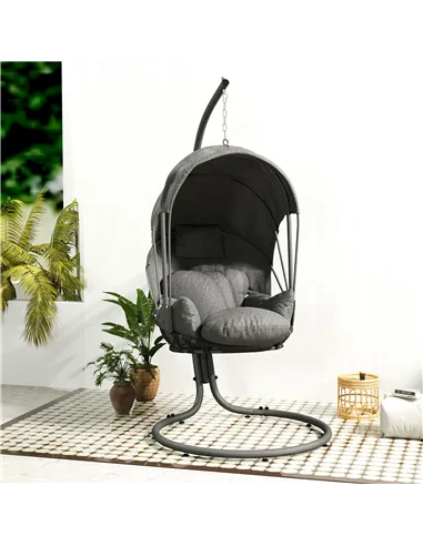 Outsunny Hanging Egg Chair Swing Hammock Chair with Stand, Cushion and Retractable Canopy, for Indoor and Outdoor, Grey