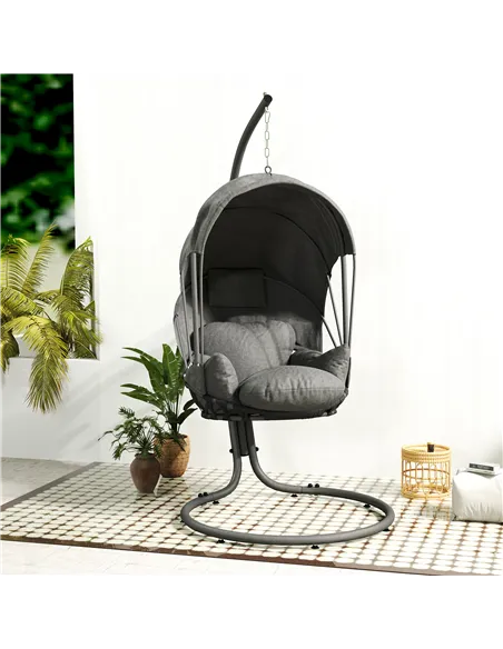 Outsunny Hanging Egg Chair Swing Hammock Chair with Stand, Cushion and Retractable Canopy, for Indoor and Outdoor, Grey