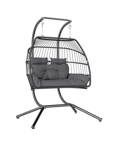 Outsunny Rattan Double Hanging Egg Chair with Stand, Foldable Wicker Swing Egg Chair with Cushion, Head Pillows, Steel Frame, Ha