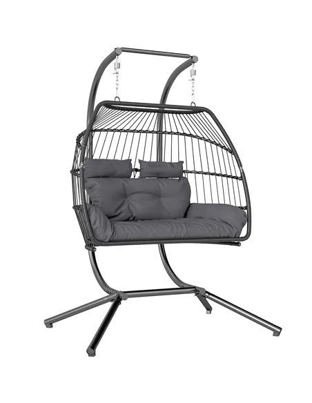 Outsunny Rattan Double Hanging Egg Chair with Stand, Foldable Wicker Swing Egg Chair with Cushion, Head Pillows, Steel Frame, Ha