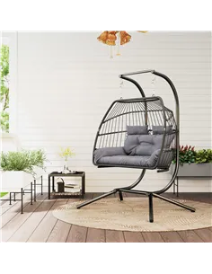 Outsunny Rattan Double Hanging Egg Chair with Stand, Foldable Wicker Swing Egg Chair with Cushion, Head Pillows, Steel Frame, Ha 2