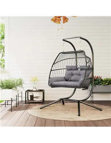 Outsunny Rattan Double Hanging Egg Chair with Stand, Foldable Wicker Swing Egg Chair with Cushion, Head Pillows, Steel Frame, Ha
