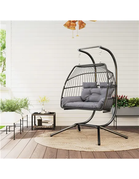 Outsunny Rattan Double Hanging Egg Chair with Stand, Foldable Wicker Swing Egg Chair with Cushion, Head Pillows, Steel Frame, Ha