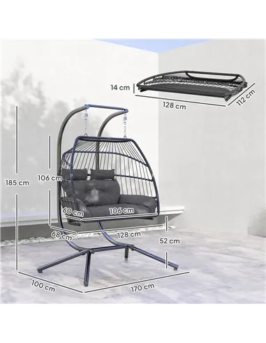 Outsunny Rattan Double Hanging Egg Chair with Stand, Foldable Wicker Swing Egg Chair with Cushion, Head Pillows, Steel Frame, Ha