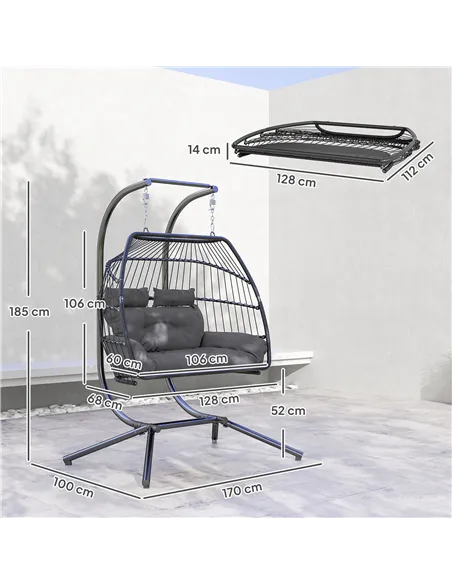Outsunny Rattan Double Hanging Egg Chair with Stand, Foldable Wicker Swing Egg Chair with Cushion, Head Pillows, Steel Frame, Ha