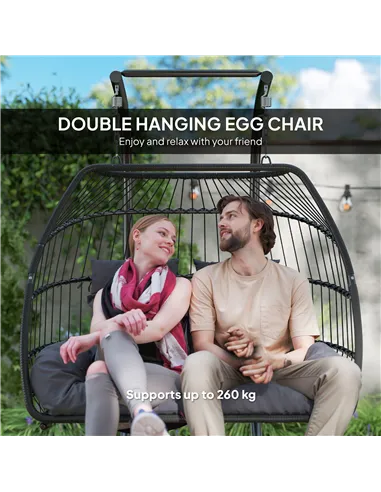 Outsunny Rattan Double Hanging Egg Chair with Stand, Foldable Wicker Swing Egg Chair with Cushion, Head Pillows, Steel Frame, Ha