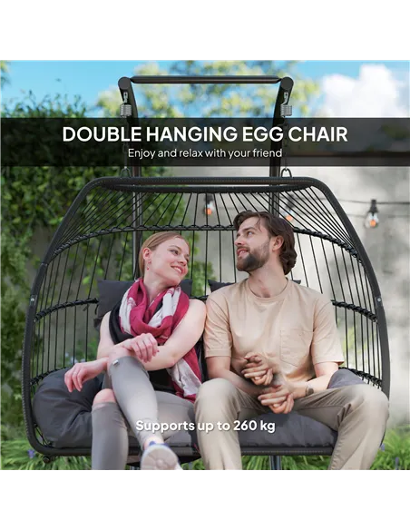 Outsunny Rattan Double Hanging Egg Chair with Stand, Foldable Wicker Swing Egg Chair with Cushion, Head Pillows, Steel Frame, Ha