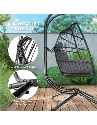 Outsunny Rattan Double Hanging Egg Chair with Stand, Foldable Wicker Swing Egg Chair with Cushion, Head Pillows, Steel Frame, Ha