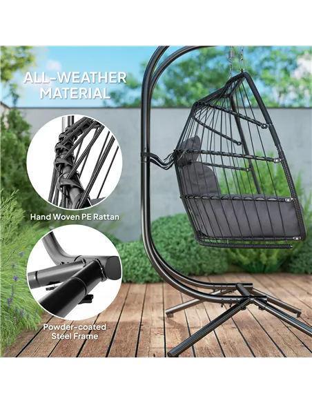Outsunny Rattan Double Hanging Egg Chair with Stand, Foldable Wicker Swing Egg Chair with Cushion, Head Pillows, Steel Frame, Ha