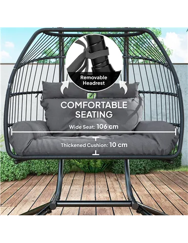 Outsunny Rattan Double Hanging Egg Chair with Stand, Foldable Wicker Swing Egg Chair with Cushion, Head Pillows, Steel Frame, Ha