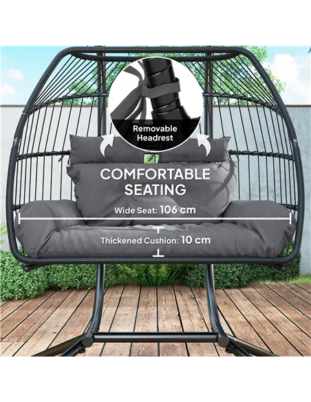 Outsunny Rattan Double Hanging Egg Chair with Stand, Foldable Wicker Swing Egg Chair with Cushion, Head Pillows, Steel Frame, Ha