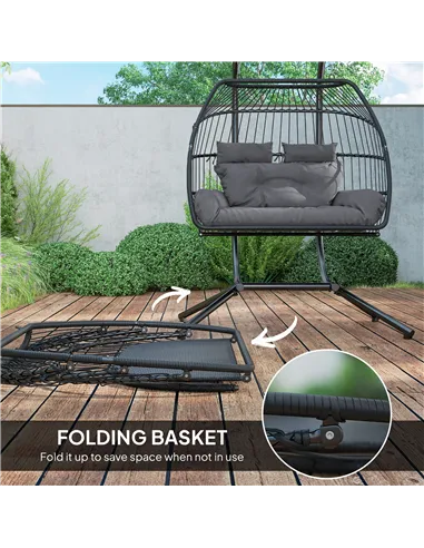 Outsunny Rattan Double Hanging Egg Chair with Stand, Foldable Wicker Swing Egg Chair with Cushion, Head Pillows, Steel Frame, Ha