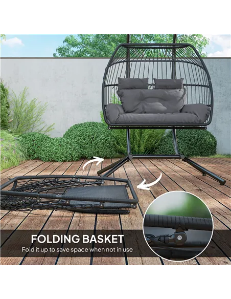 Outsunny Rattan Double Hanging Egg Chair with Stand, Foldable Wicker Swing Egg Chair with Cushion, Head Pillows, Steel Frame, Ha