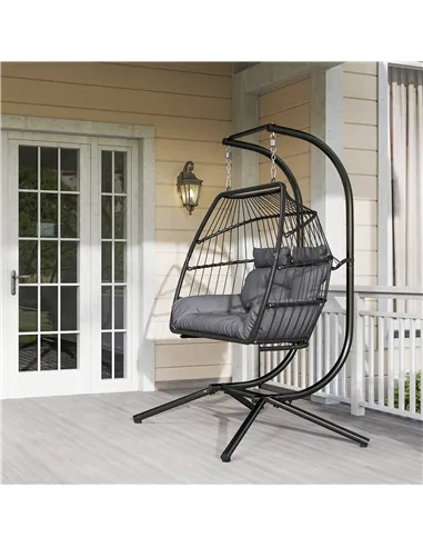 Outsunny Rattan Double Hanging Egg Chair with Stand, Foldable Wicker Swing Egg Chair with Cushion, Head Pillows, Steel Frame, Ha
