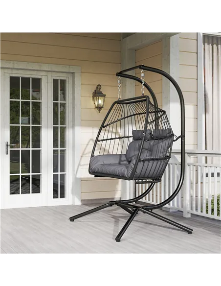 Outsunny Rattan Double Hanging Egg Chair with Stand, Foldable Wicker Swing Egg Chair with Cushion, Head Pillows, Steel Frame, Ha