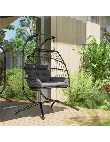 Outsunny Rattan Double Hanging Egg Chair with Stand, Foldable Wicker Swing Egg Chair with Cushion, Head Pillows, Steel Frame, Ha