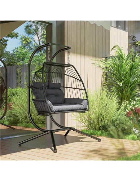 Outsunny Rattan Double Hanging Egg Chair with Stand, Foldable Wicker Swing Egg Chair with Cushion, Head Pillows, Steel Frame, Ha