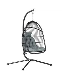 Outsunny Rattan Hanging Egg Chair with Stand, Foldable Wicker Swing Egg Chair with Cushion, Head Pillow, Steel Frame, Hammock Ch