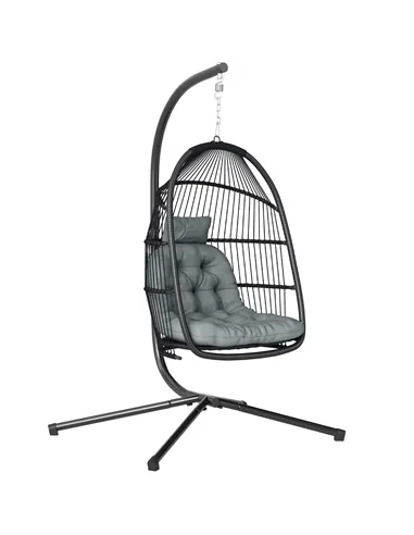 Outsunny Rattan Hanging Egg Chair with Stand, Foldable Wicker Swing Egg Chair with Cushion, Head Pillow, Steel Frame, Hammock Ch