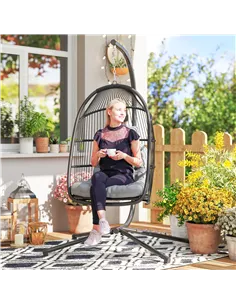 Outsunny Rattan Hanging Egg Chair with Stand, Foldable Wicker Swing Egg Chair with Cushion, Head Pillow, Steel Frame, Hammock Ch 2