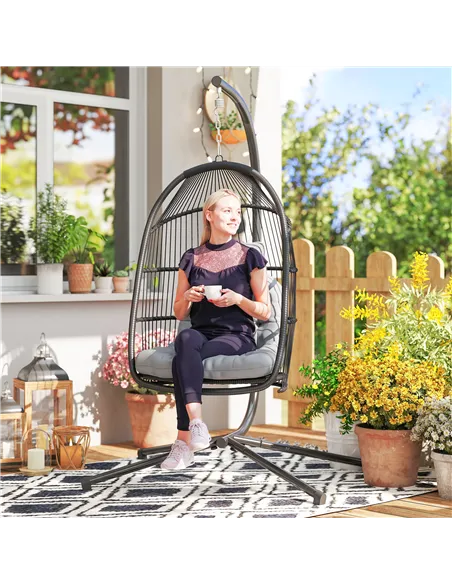 Outsunny Rattan Hanging Egg Chair with Stand, Foldable Wicker Swing Egg Chair with Cushion, Head Pillow, Steel Frame, Hammock Ch