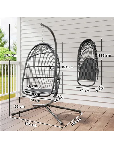 Outsunny Rattan Hanging Egg Chair with Stand, Foldable Wicker Swing Egg Chair with Cushion, Head Pillow, Steel Frame, Hammock Ch