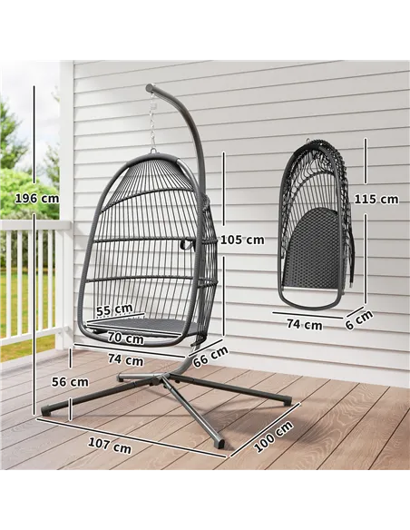 Outsunny Rattan Hanging Egg Chair with Stand, Foldable Wicker Swing Egg Chair with Cushion, Head Pillow, Steel Frame, Hammock Ch