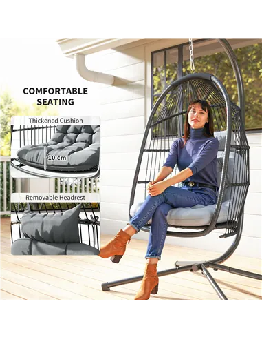 Outsunny Rattan Hanging Egg Chair with Stand, Foldable Wicker Swing Egg Chair with Cushion, Head Pillow, Steel Frame, Hammock Ch