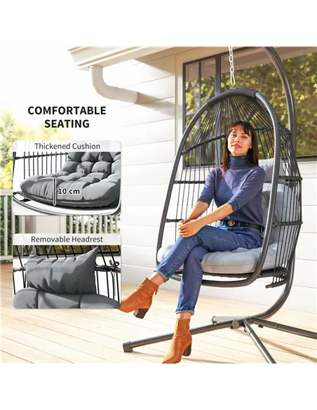 Outsunny Rattan Hanging Egg Chair with Stand, Foldable Wicker Swing Egg Chair with Cushion, Head Pillow, Steel Frame, Hammock Ch