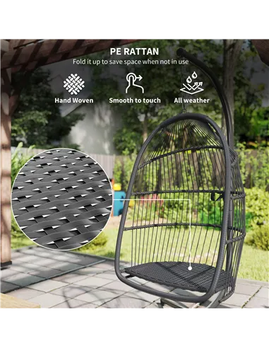 Outsunny Rattan Hanging Egg Chair with Stand, Foldable Wicker Swing Egg Chair with Cushion, Head Pillow, Steel Frame, Hammock Ch